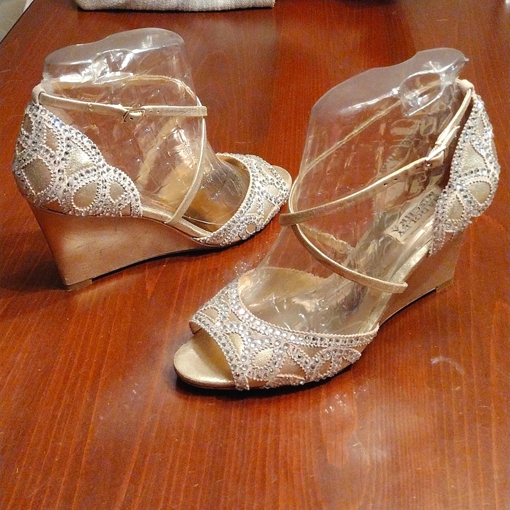 Badgley Mischka Gold Wedges with Rhinestones - Picture 3 of 13